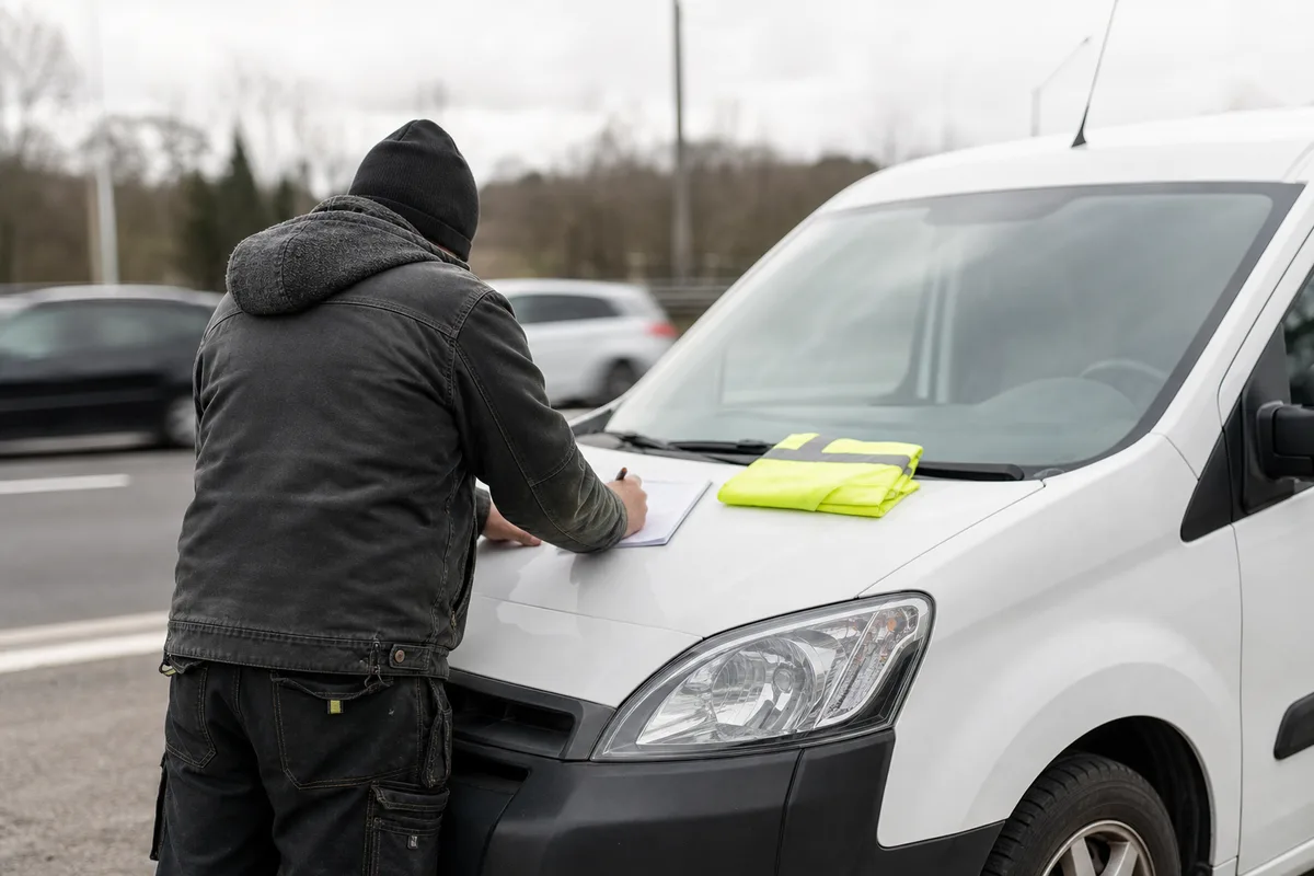 Artisan complétant un constat amiable près de son utilitaire