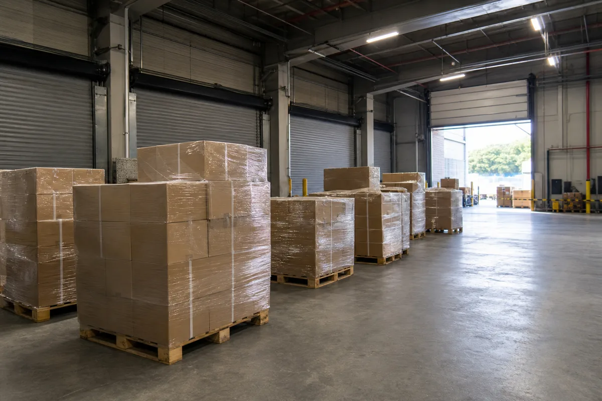 Palettes filmées alignées sur un quai de chargement d&rsquo;un entrepôt logistique