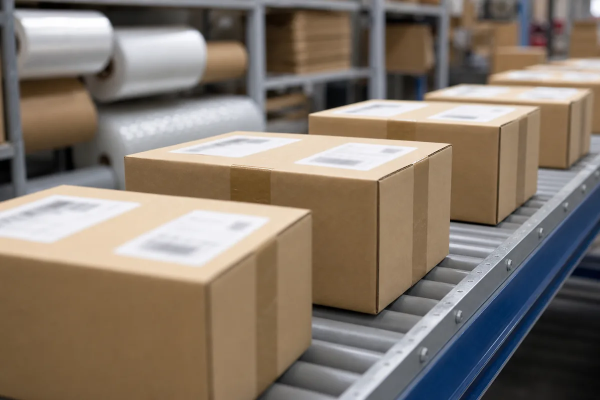 Colis e-commerce en carton alignés sur un convoyeur avant expédition dans un entrepôt logistique
