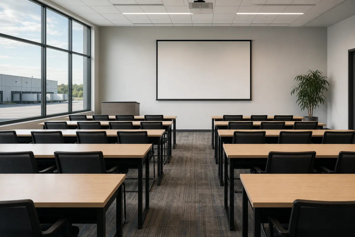 Salle de formation transport vide avec rangées de bureaux et vue sur un entrepôt à travers une baie vitrée
