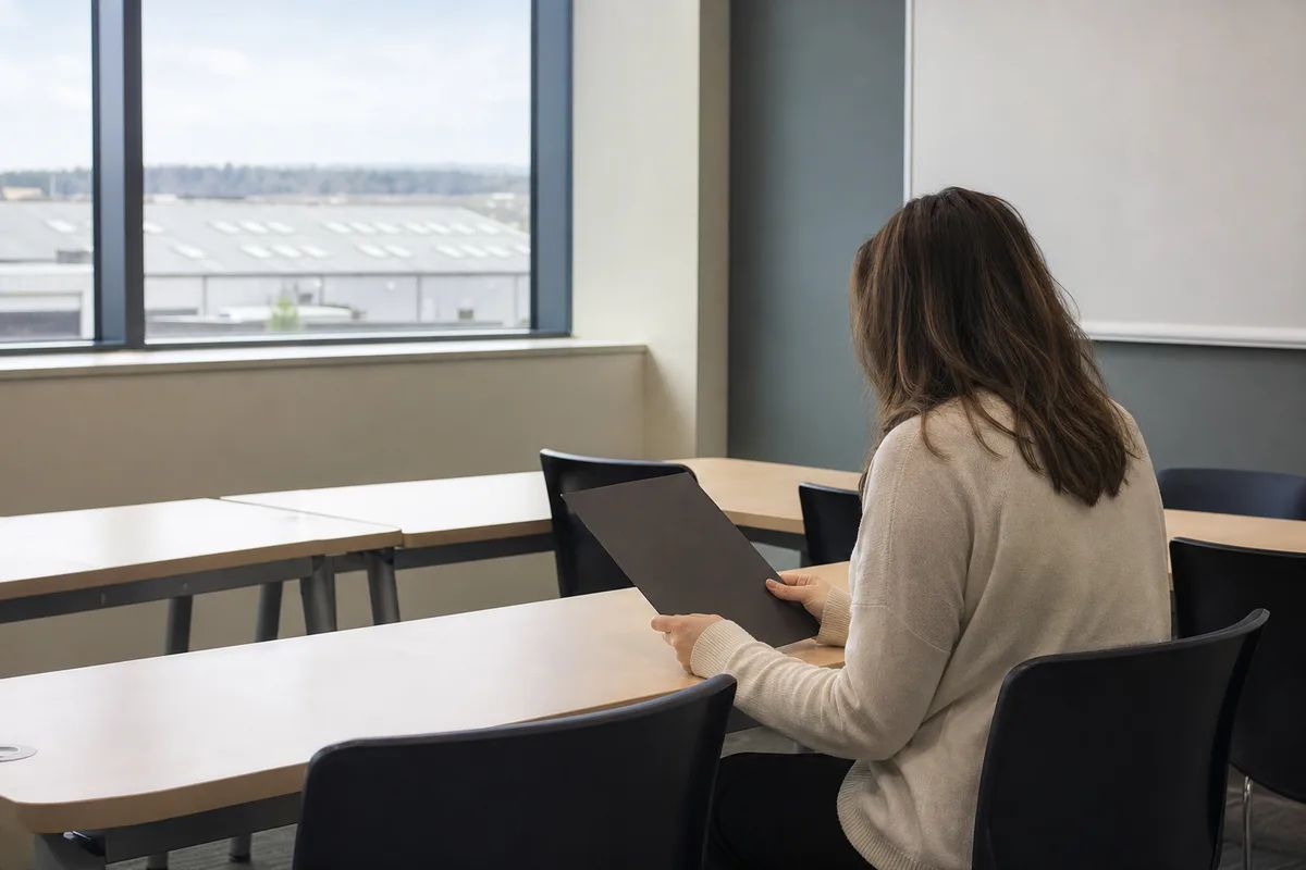 Étudiante en formation transport consultant un dossier devant des rangées de bureaux vides, entrepôt visible en arrière-plan