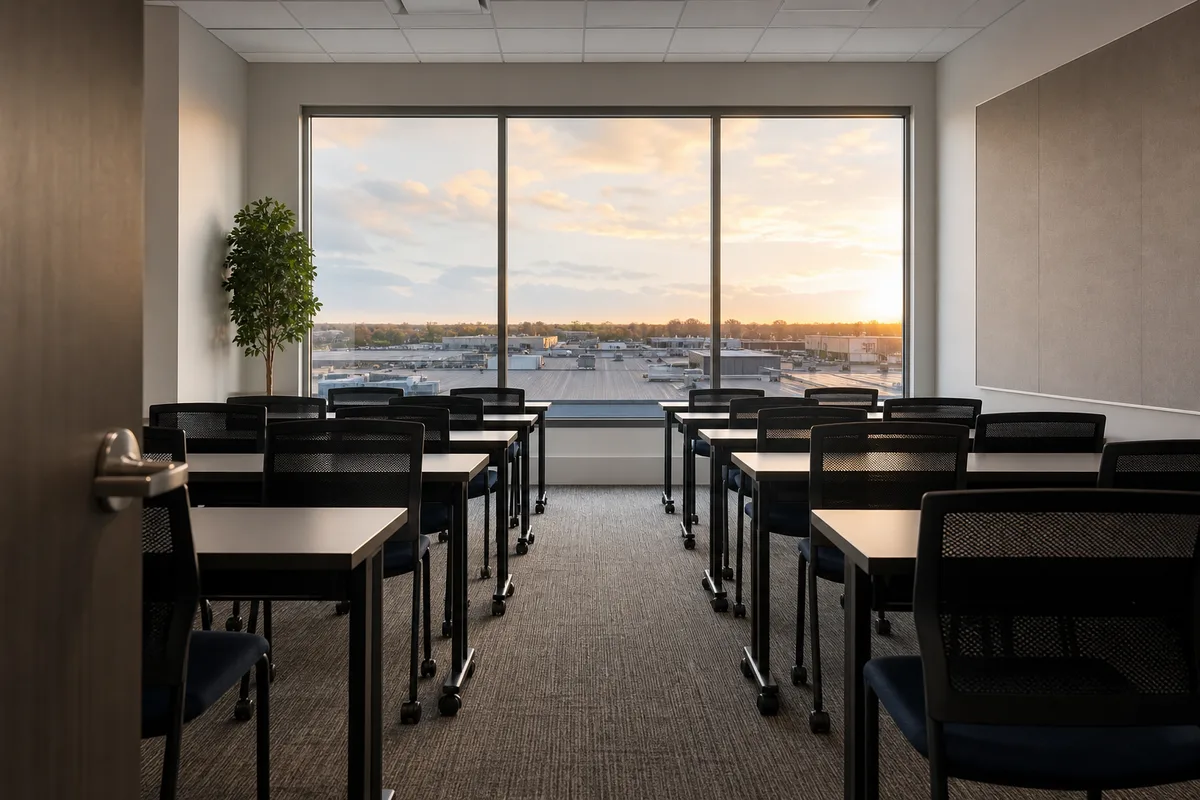 Vue d’ensemble d’une salle de formation vide avec bureaux alignés, grande fenêtre donnant sur un entrepôt en lumière douce