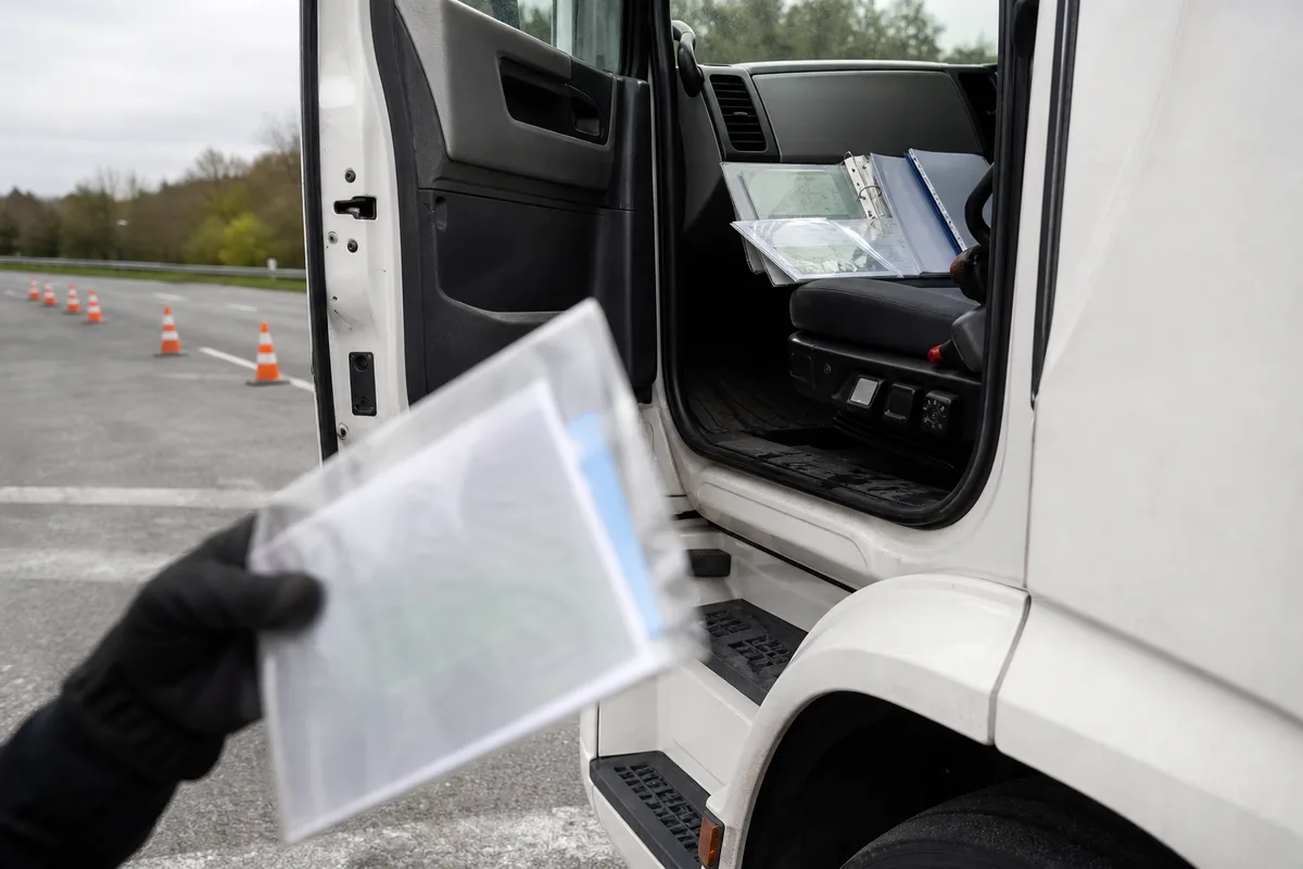 Contrôleur relevant les documents de bord d’un poids lourd en bord de route