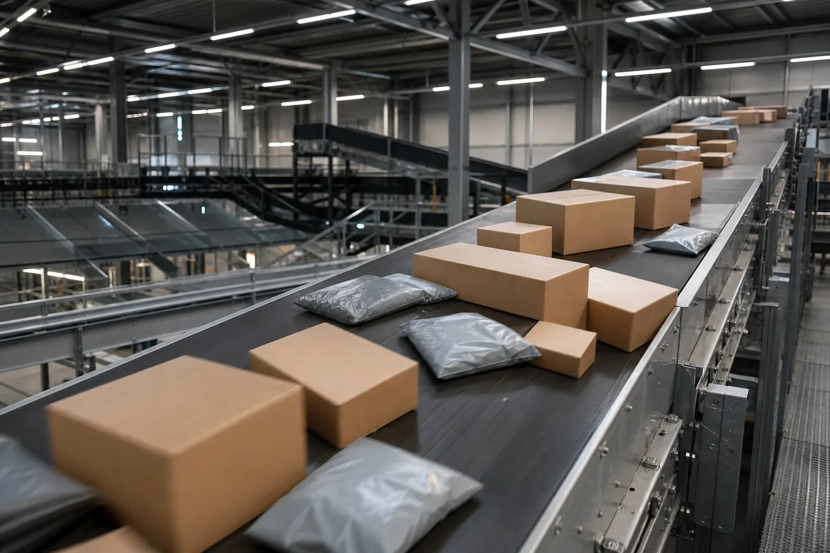 Colis triés sur un convoyeur dans un centre logistique français