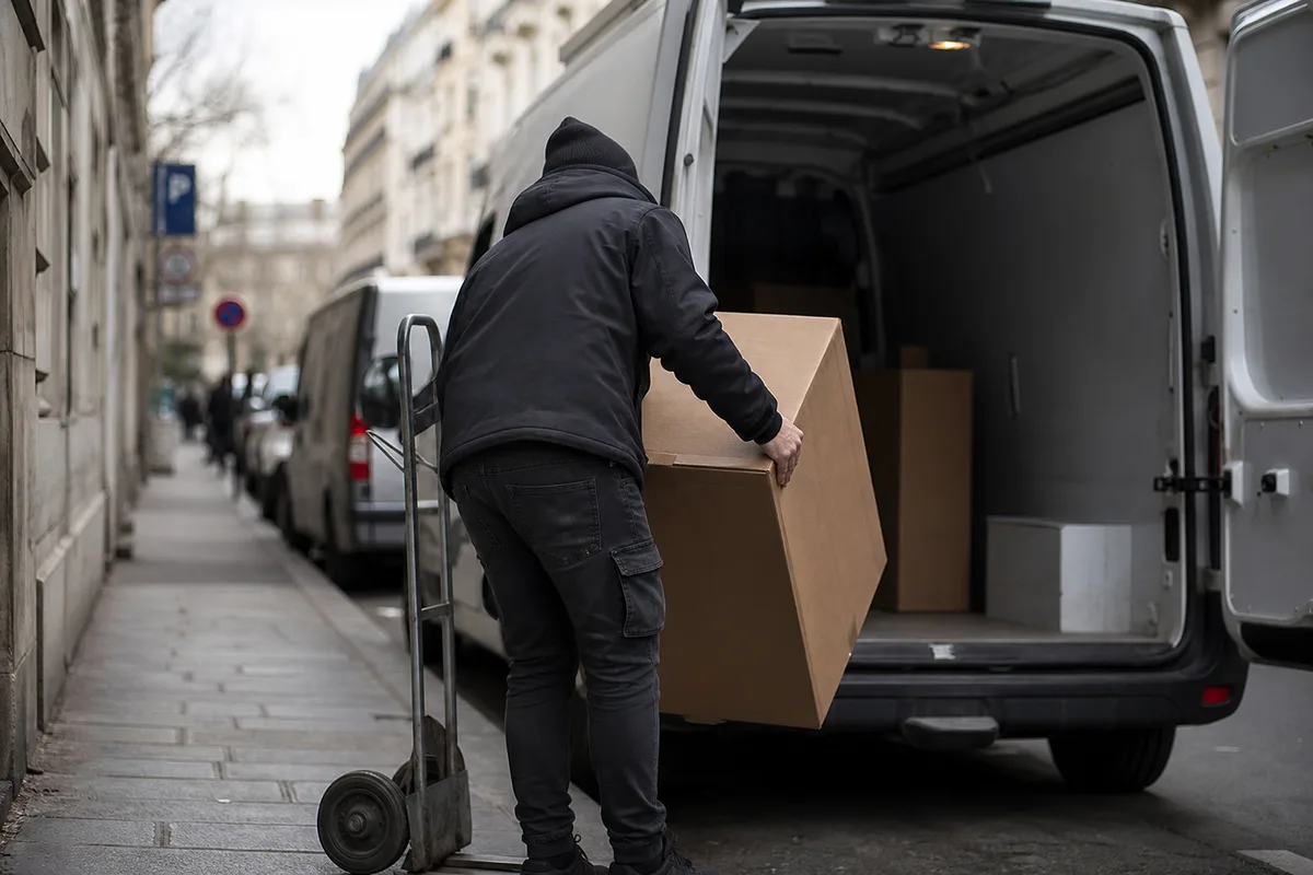 Livreur chargeant des colis dans un utilitaire en rue commerçante
