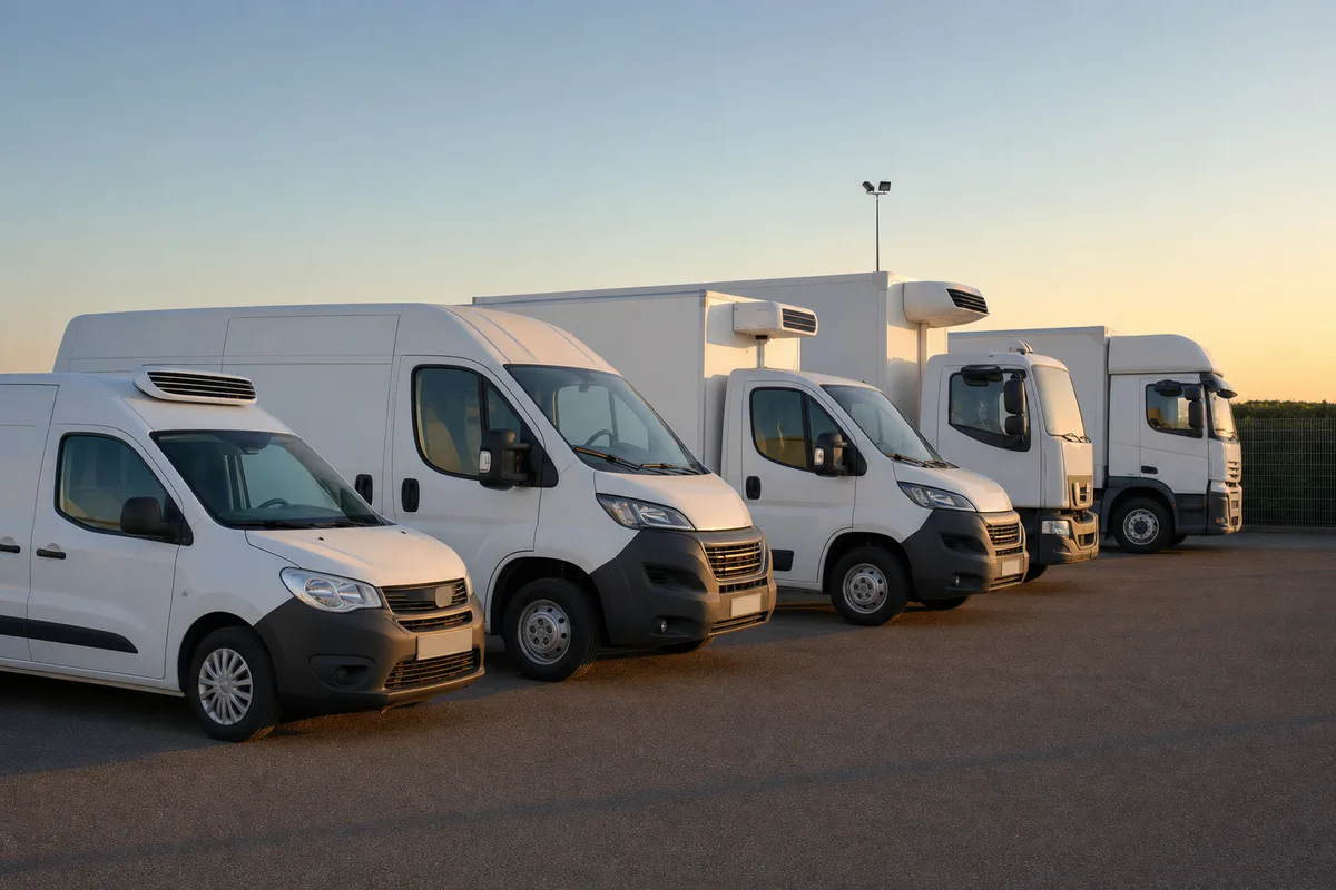 Rangée de camions frigorifiques stationnés sur le parking d&rsquo;une agence de location en fin de journée