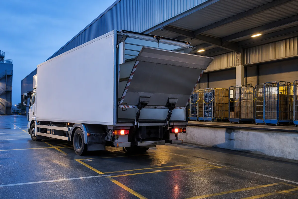 Camion de messagerie stationné devant un quai de chargement au petit matin