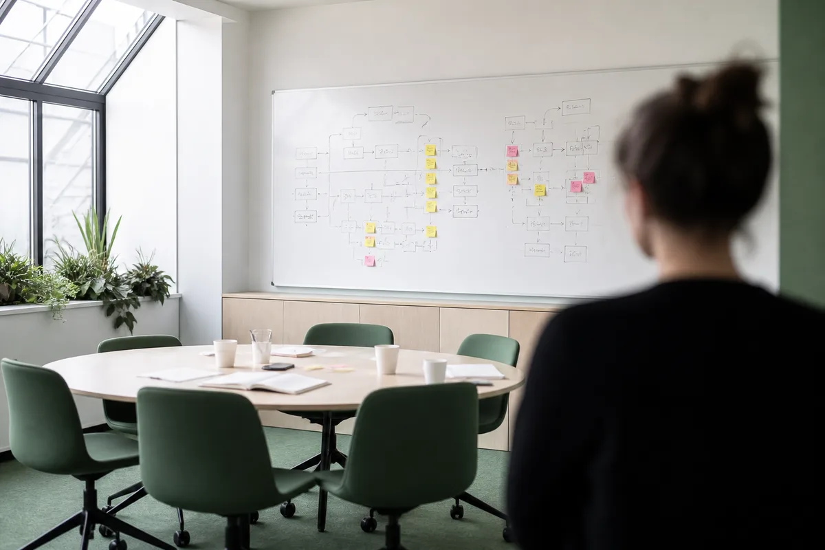 Salle de réunion lumineuse avec plan de flux logistique affiché sur un tableau blanc