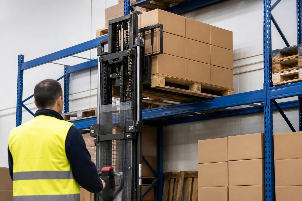 Gerbeur électrique déposant une palette de cartons bruns sur un rayonnage métallique