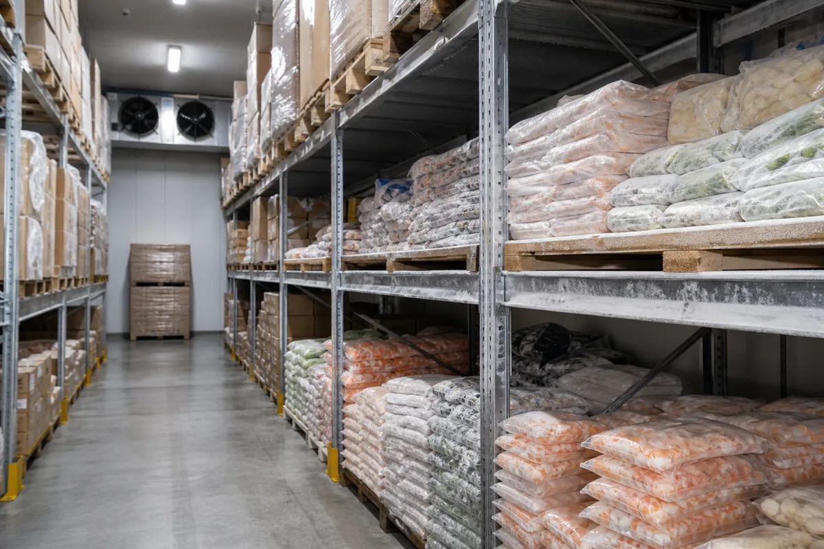 Intérieur d&rsquo;un entrepôt frigorifique avec rayonnages de produits alimentaires surgelés emballés