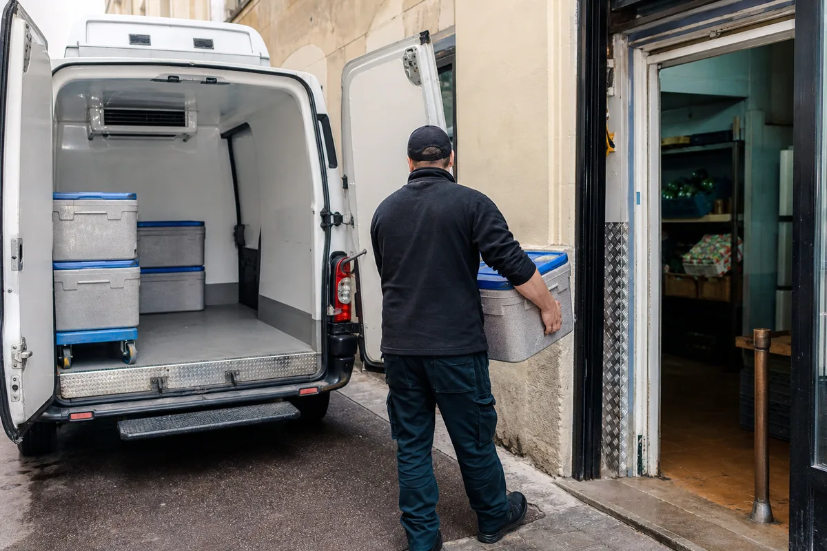 Livreur de dos déchargeant des bacs isothermes d&rsquo;une camionnette frigorifique vers une arrière-boutique alimentaire