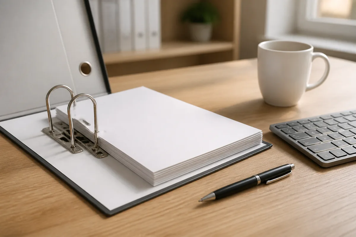 Dossier de réponse imprimé posé sur un bureau à côté d’un clavier et d’une tasse
