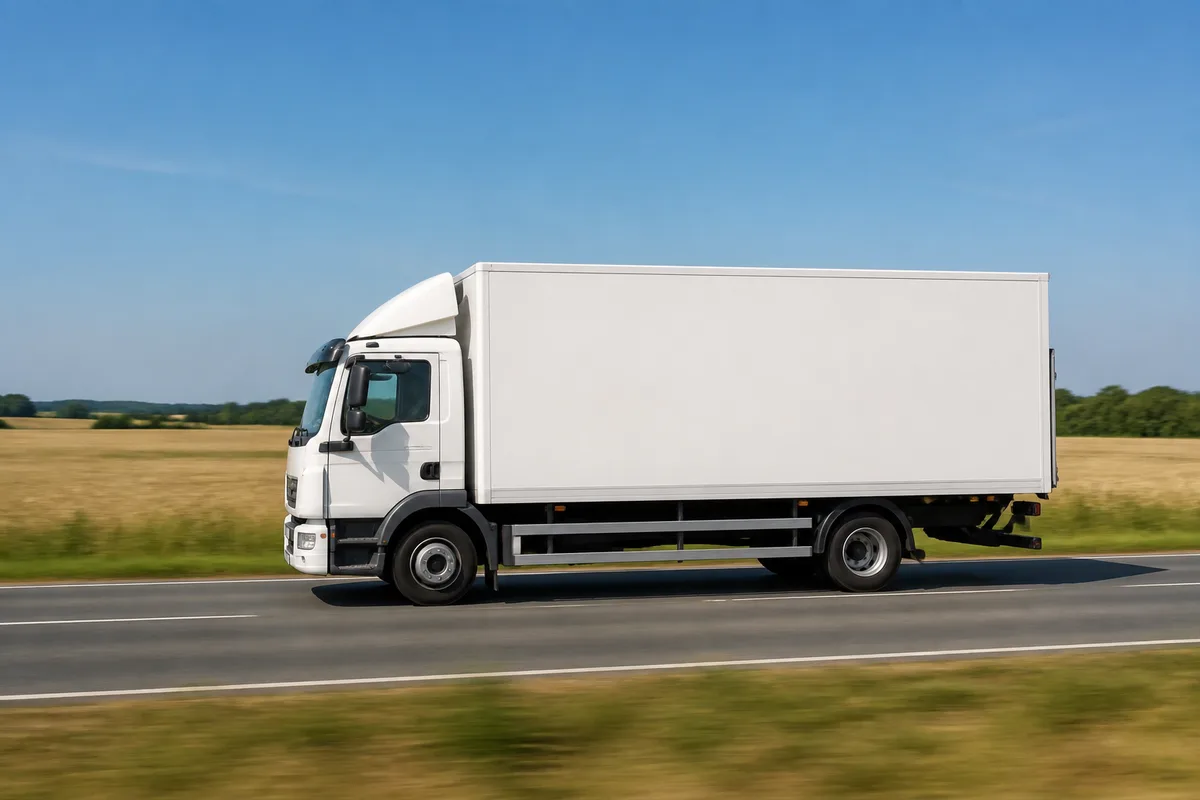 Camion porteur circulant sur une route de campagne sous un ciel dégagé