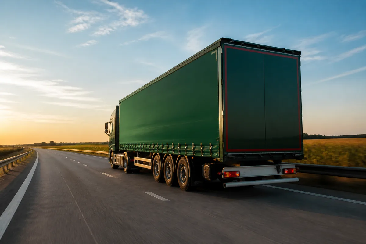 Poids lourd bâché roulant sur une autoroute française en fin de journée, lumière rasante