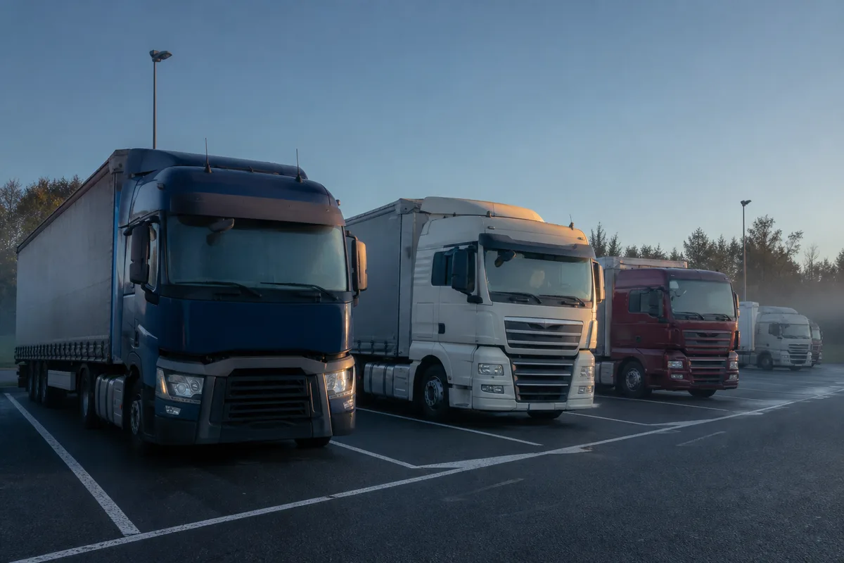 Aire de repos autoroutière avec camions stationnés en épi au petit matin
