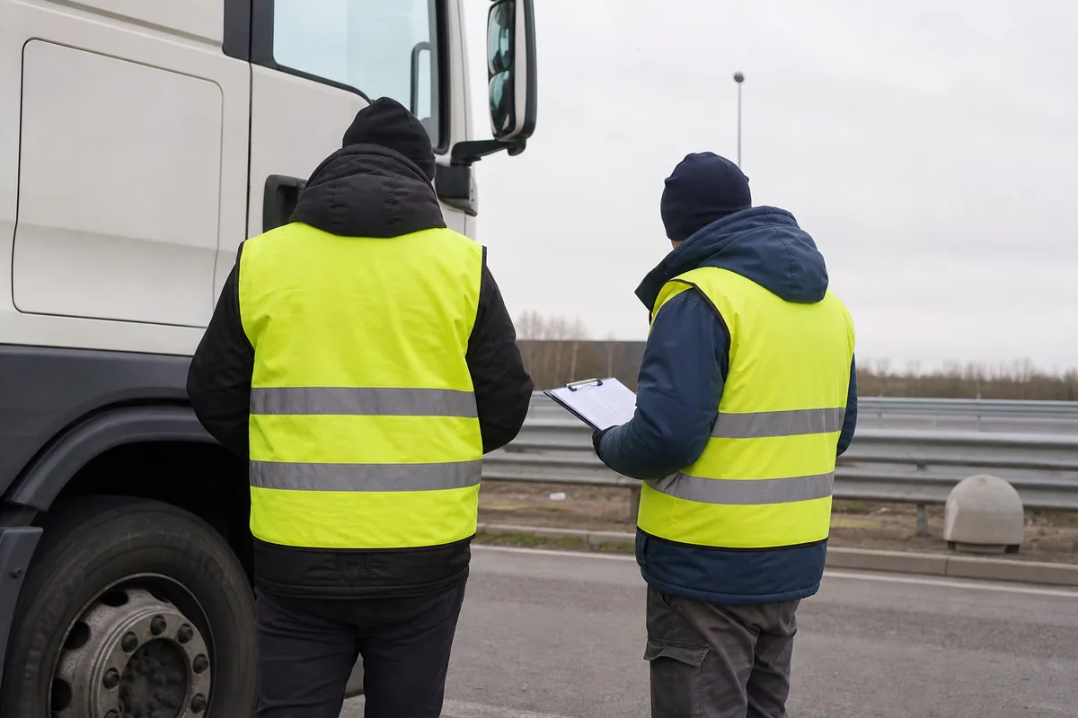 Contrôle de documents de transport entre un conducteur et un agent sur une aire de repos