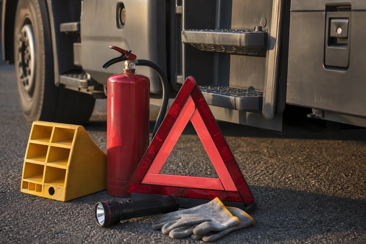 Équipements de sécurité ADR posés près d’une cabine de poids lourd, gilet, cônes et extincteur