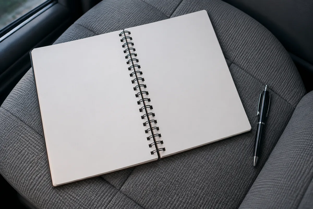 Carnet de bord ouvert aux pages vierges posé sur le siège d une cabine